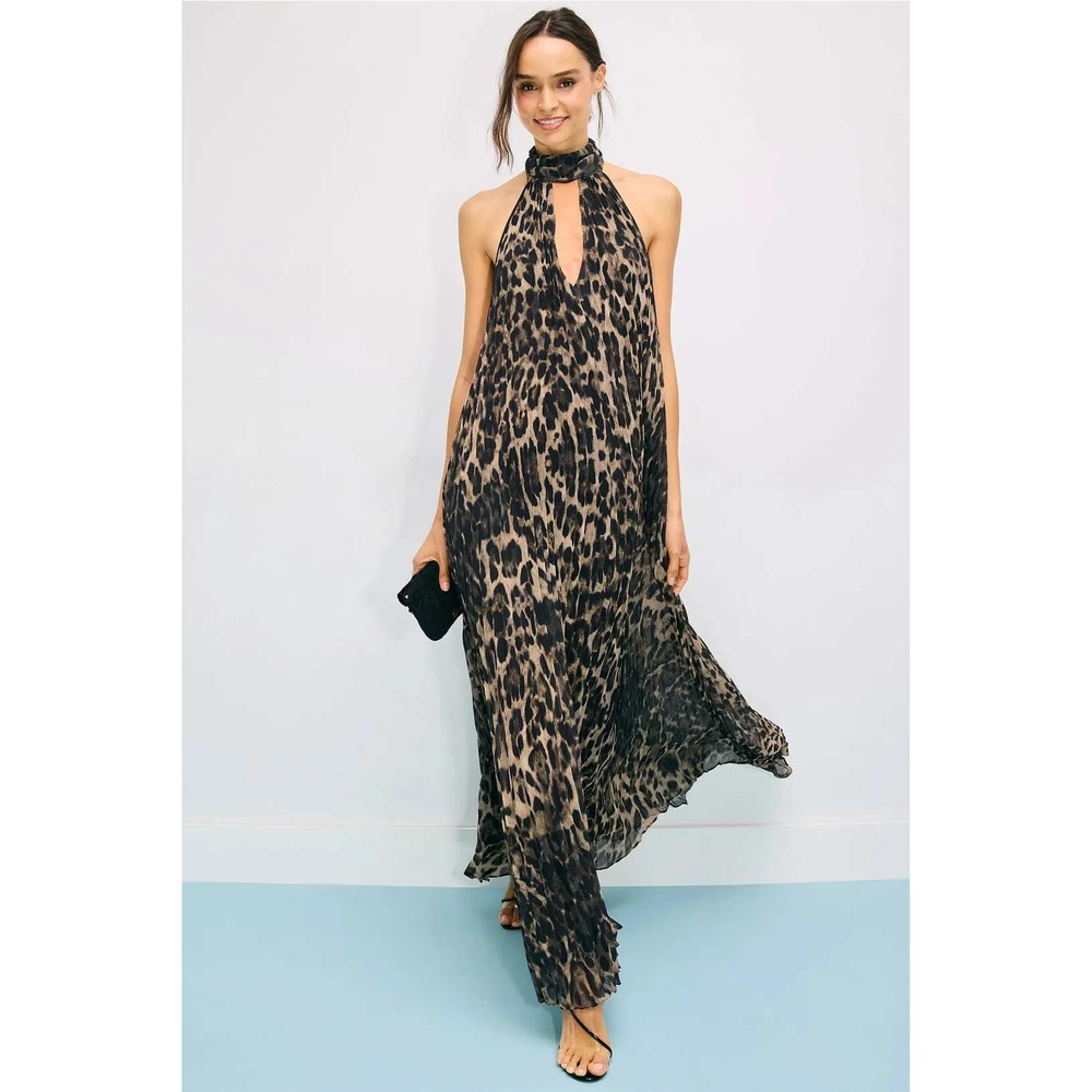 ONE33 SOCIAL Pleated Animal Print Gown Maxi Dress Leopard Print Halter Sz 10